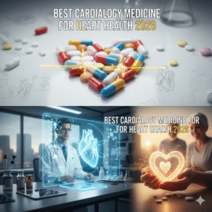 Collage showing heart-shaped pills with an ECG line, a doctor analyzing a digital heart hologram, and a person holding a glowing heart, with the text “Best Cardiology Medicine for Heart Health 2026.”