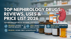 Blog banner for Top Nephrology Drugs 2026 featuring a kidney illustration, pharmacy pill bottles, and topics covering reviews, uses, and price lists.