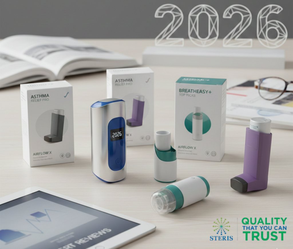 Asthma inhalers and smart respiratory devices with product packaging displayed on a desk, featuring a digital device labeled 2026 and a quality assurance tagline.