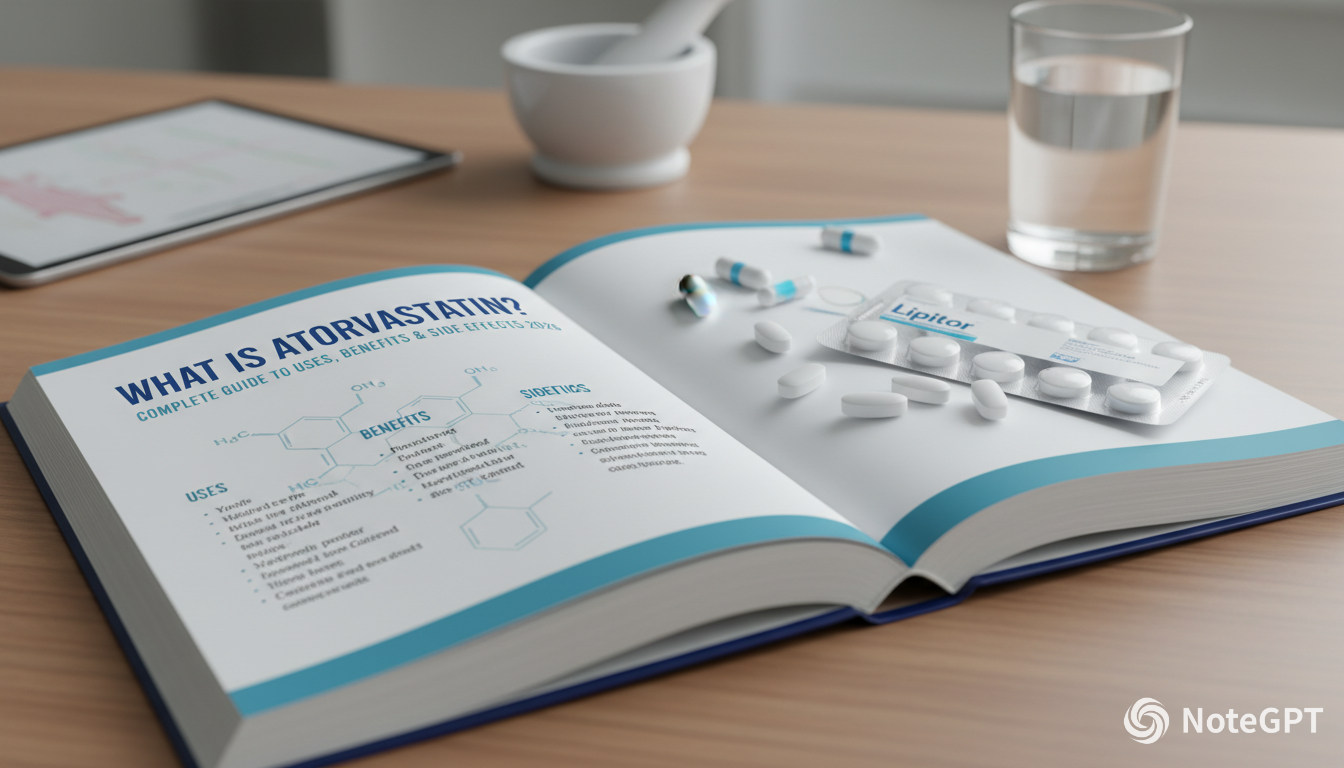 Open medical guidebook titled “What is Atorvastatin?” with pills and a Lipitor blister pack on a wooden table beside a glass of water.